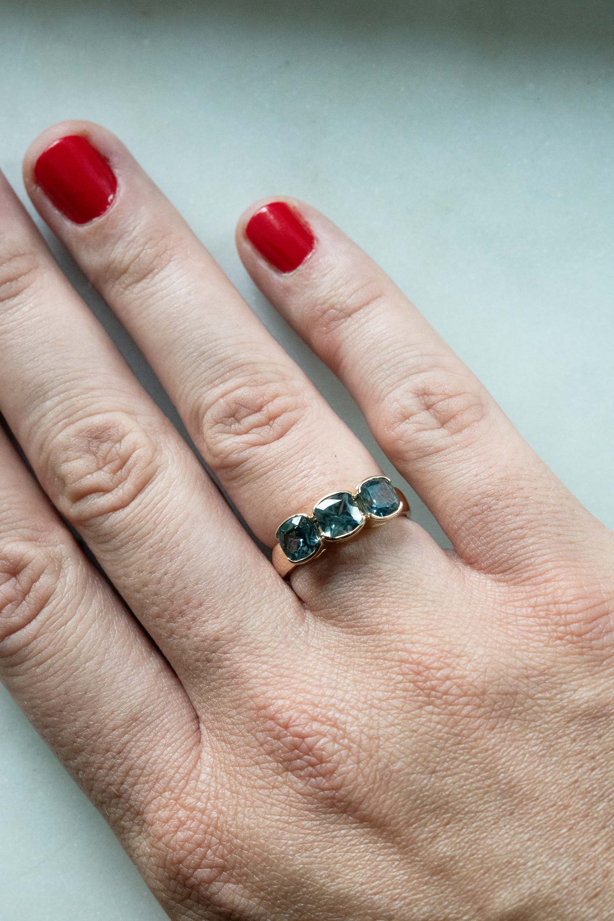Shelter Anniversary Collection: One Of A Kind Three Stone Sapphire Ring
