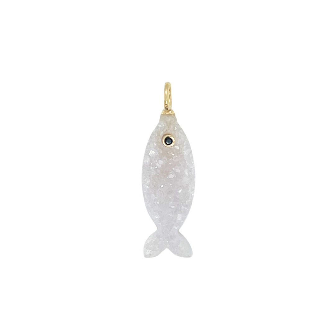 White Druzy Agate + Black Spinel Fish Gemmie