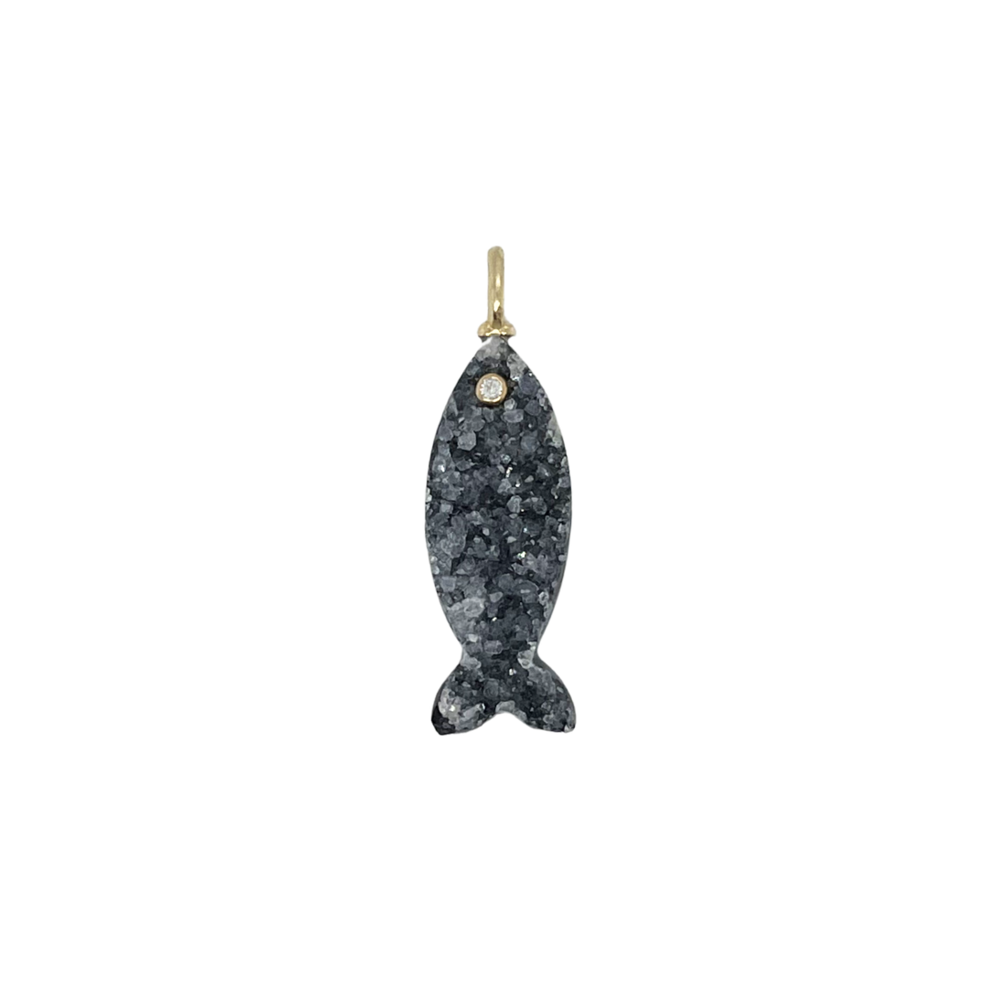 Black Druzy Agate + White Topaz Fish Gemmie