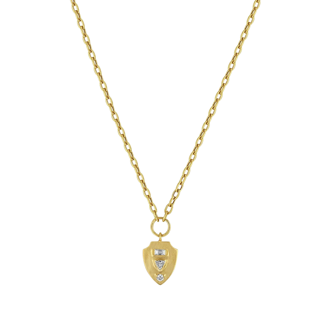 Mixed Cut Diamond Brushed Gold Shield Pendant Necklace