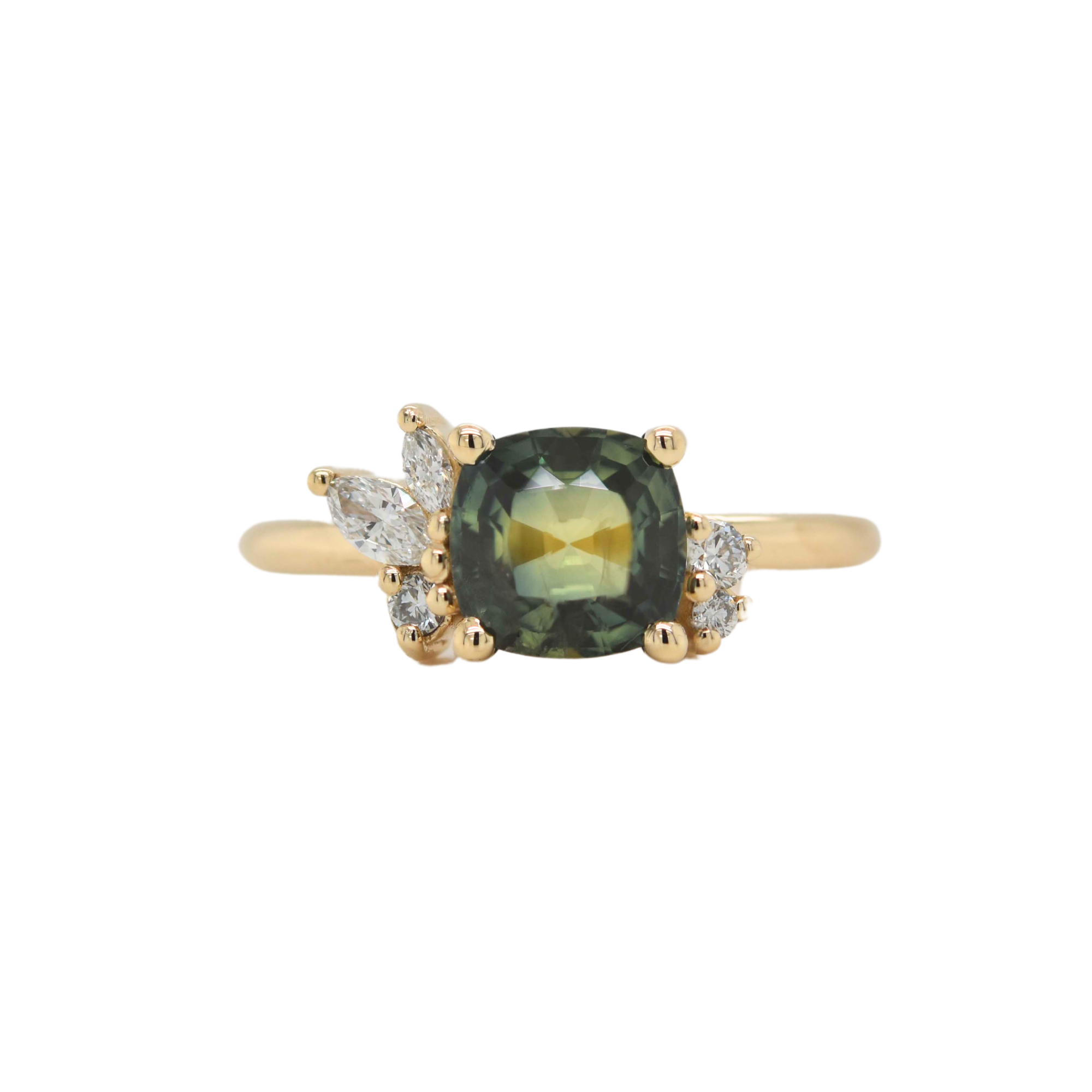 One Of A Kind Green Sapphire Cushion Cluster Ring