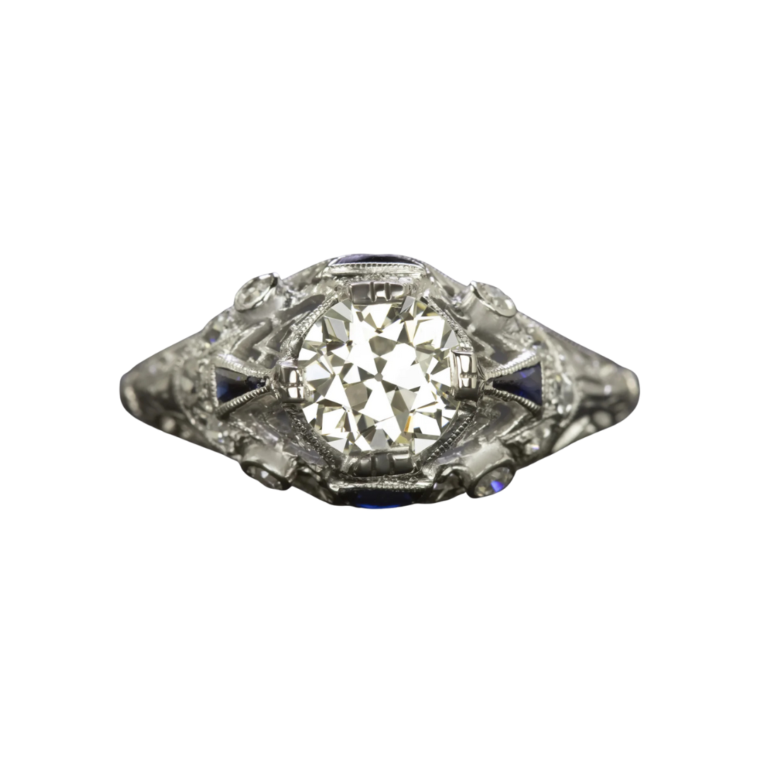 1 ct Old European Diamond + Sapphire Art Deco Ring
