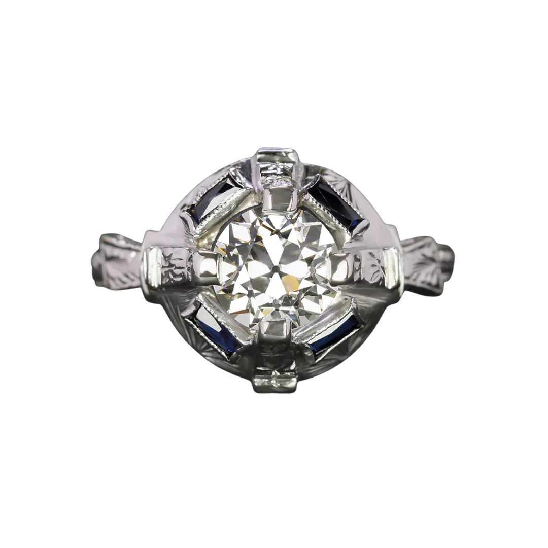 1.15 ct Old European Diamond + Sapphire Art Deco Ring