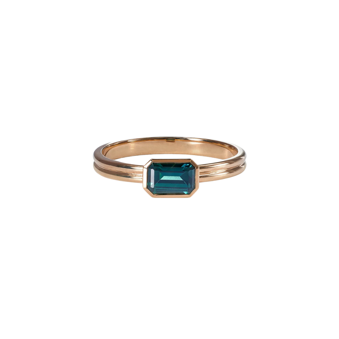 Medium Emerald Cut Teal Sapphire Double Band Solitaire Ring — Commitment, Curated