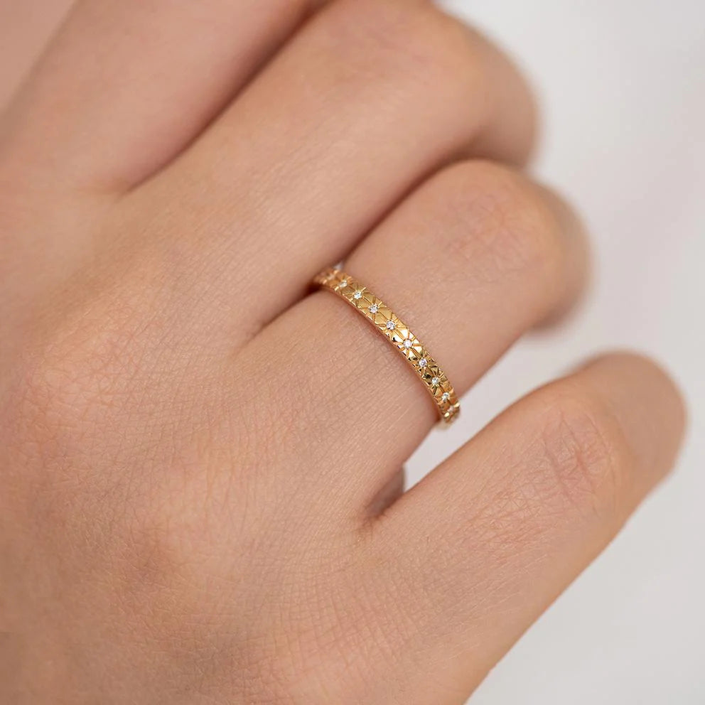 Engraved Star Diamond Wedding Band