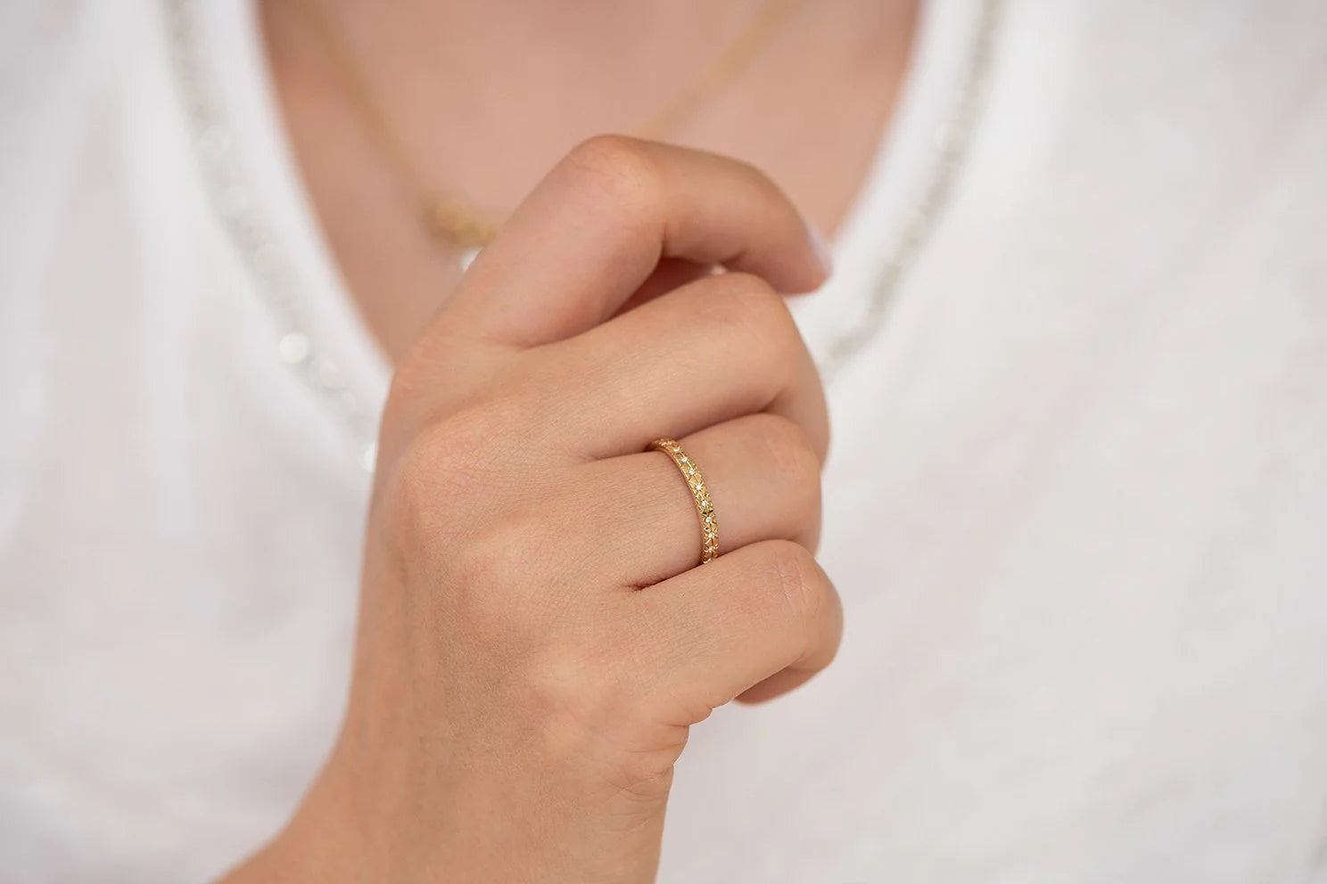 Engraved Star Diamond Wedding Band