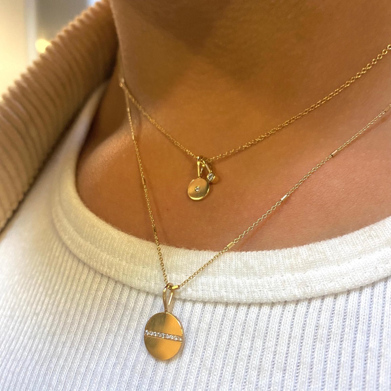 Midi Bitty Diamond Disc & Diamond Bezel Charm Necklace