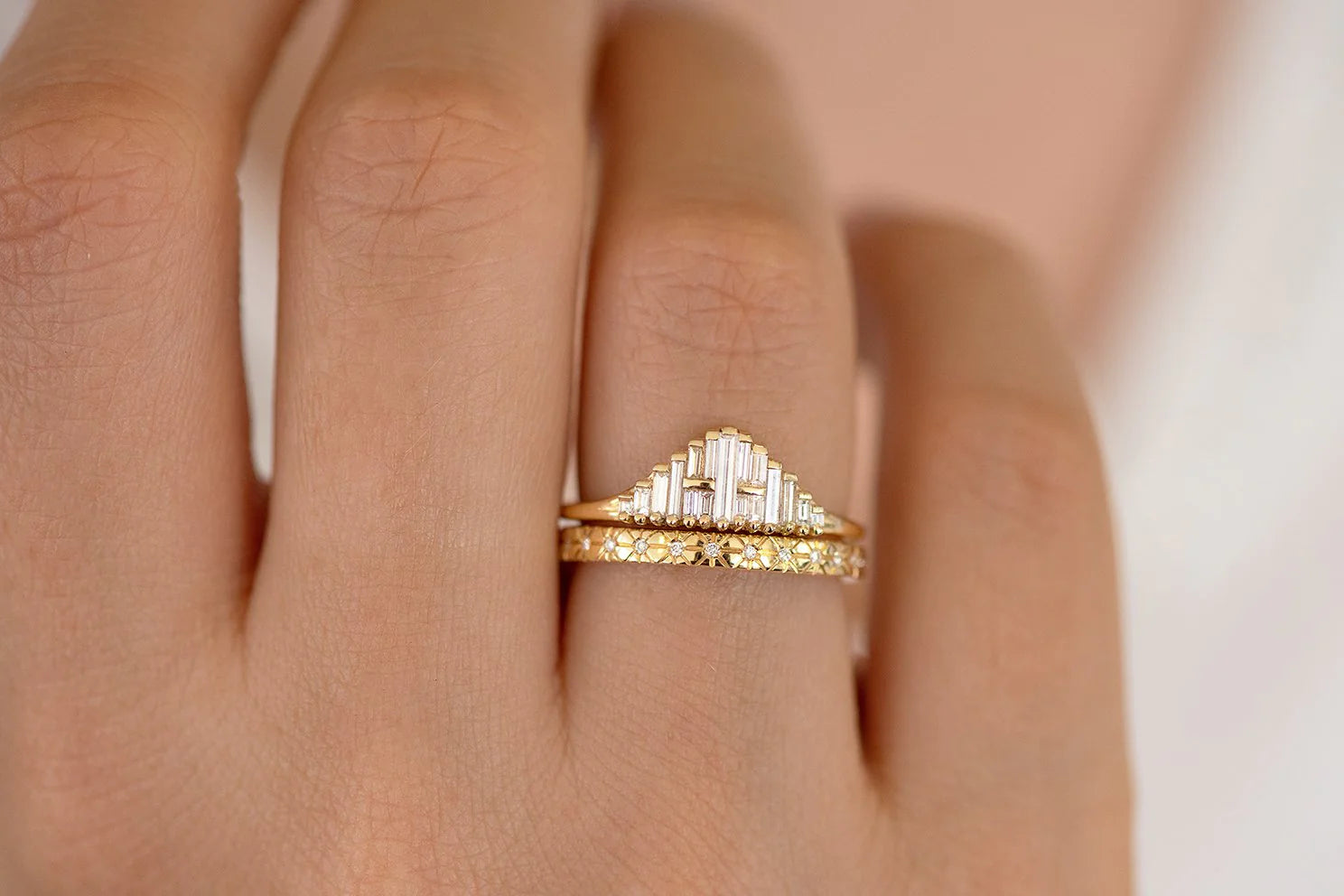 Engraved Star Diamond Wedding Band